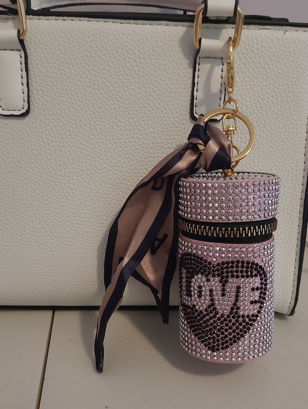 Pink Rhinestone 'LOVE' Lipstick Case Keychain with Scarf Accent